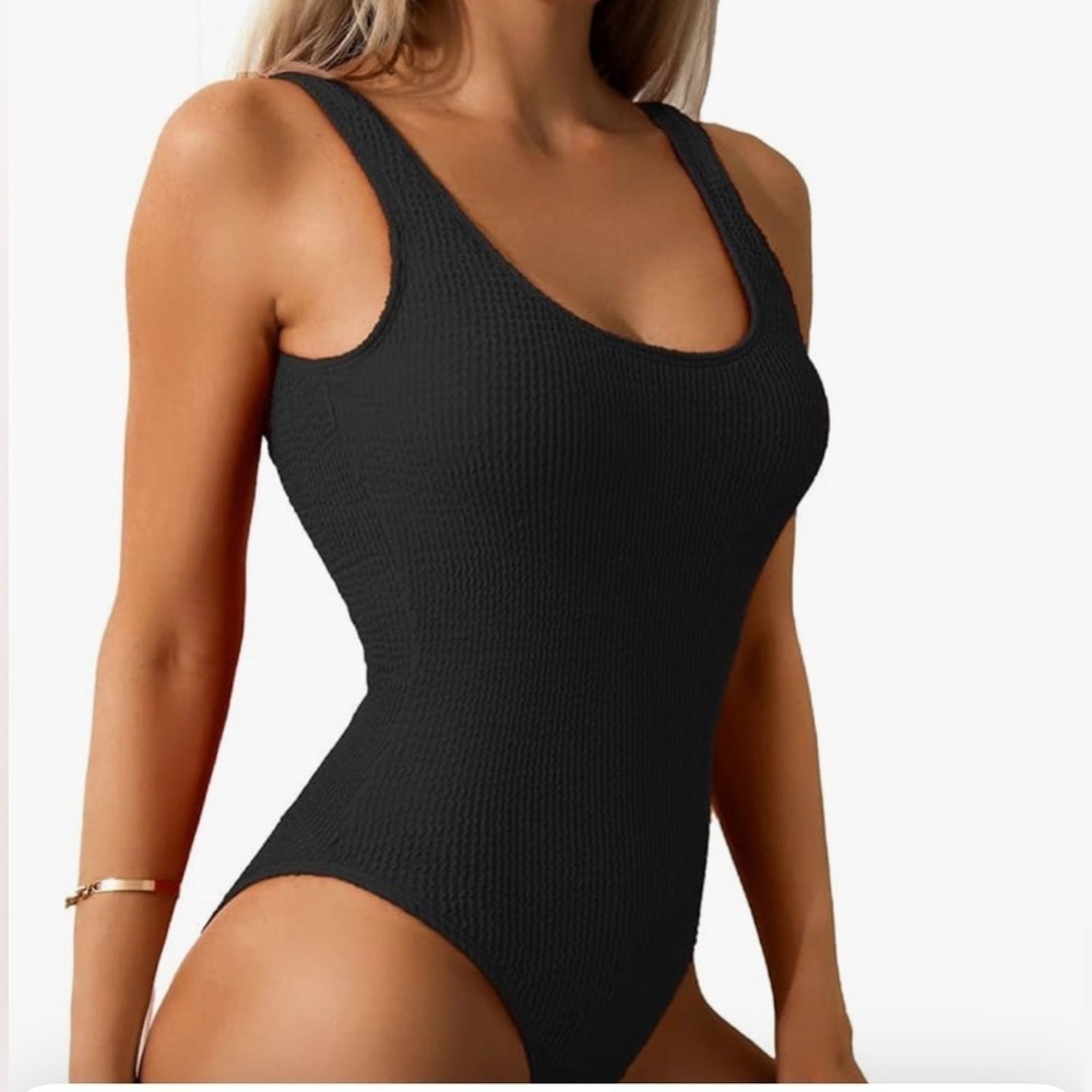 NEW- Elegant Black Textured
Razorback front tie
One-Piece Swimsuit